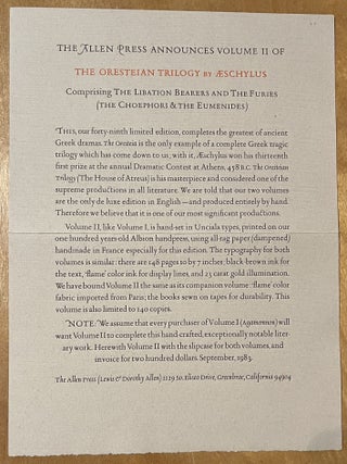 The Oresteian Trilogy: Agamemnon; Choephoroi - Two Volume Set. Volume I: Agamemnon; Volume II: Choephori & The Eumenides (The Libation Bearers and The Furies)